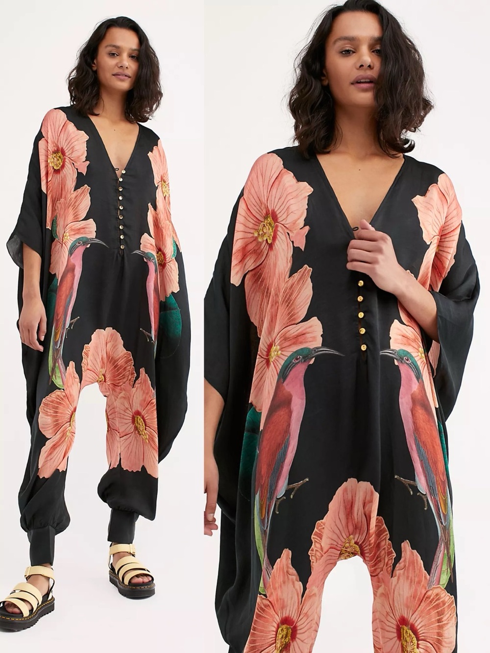 Carolina K • Free People Sarita Fall Jumpsuit black silk floral hummingbird